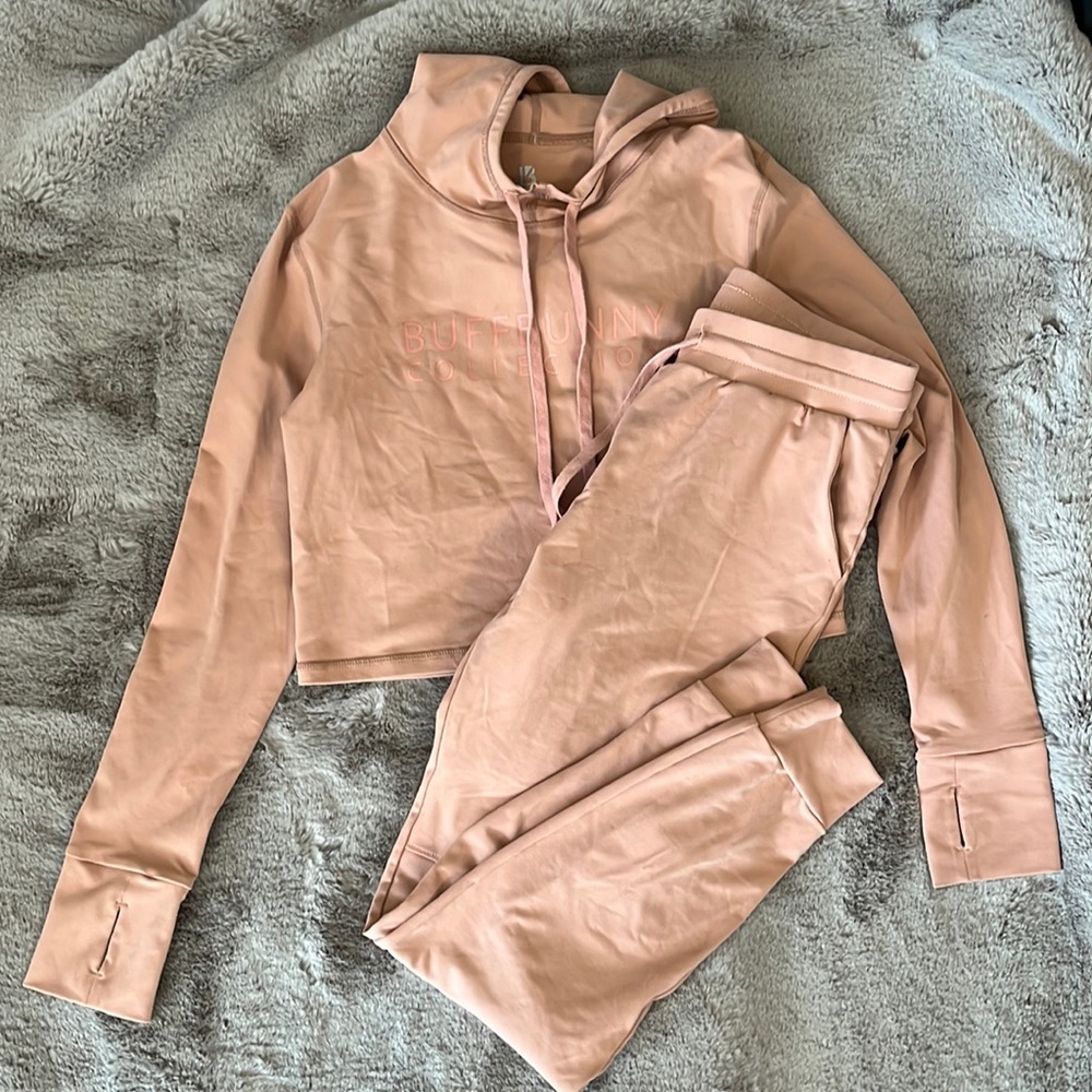 6.Medium pink buff bunny crop hoodie and jogger set